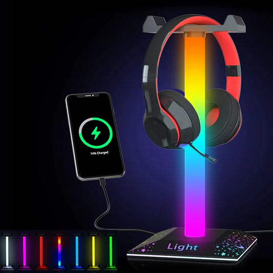 R🔴G🟢B🔵 Gaming 🎧Headset Stand LED Lights Headphone Stand Type-C & USB Charging Port Desk Lamp for Computer Room Bedroom Desktop