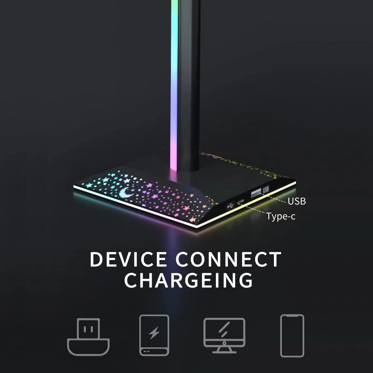 R🔴G🟢B🔵 Gaming 🎧Headset Stand LED Lights Headphone Stand Type-C & USB Charging Port Desk Lamp for Computer Room Bedroom Desktop