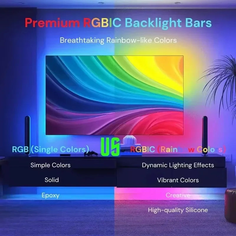 PC/TV LED Backlight RGBIC Strip Light – Smart Color Sensor, App Control & Music Sync
Transform your setup into a next-level visual experience with our cutting-edge RGBIC LED Backlight Strip. Designed for TVs, PC monitors, and gaming stations, this smart
