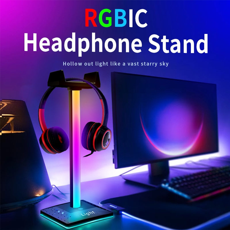 R🔴G🟢B🔵 Gaming 🎧Headset Stand LED Lights Headphone Stand Type-C & USB Charging Port Desk Lamp for Computer Room Bedroom Desktop