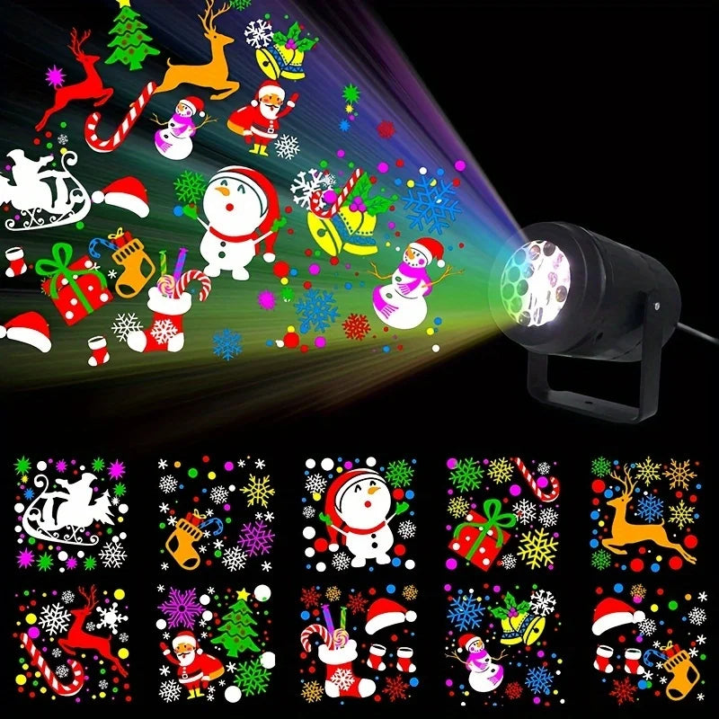 Christmas LED Projector Light USB-Powered RGB Holiday Party Ambient Light with Snowflakes Santa Hats for Home or Stores