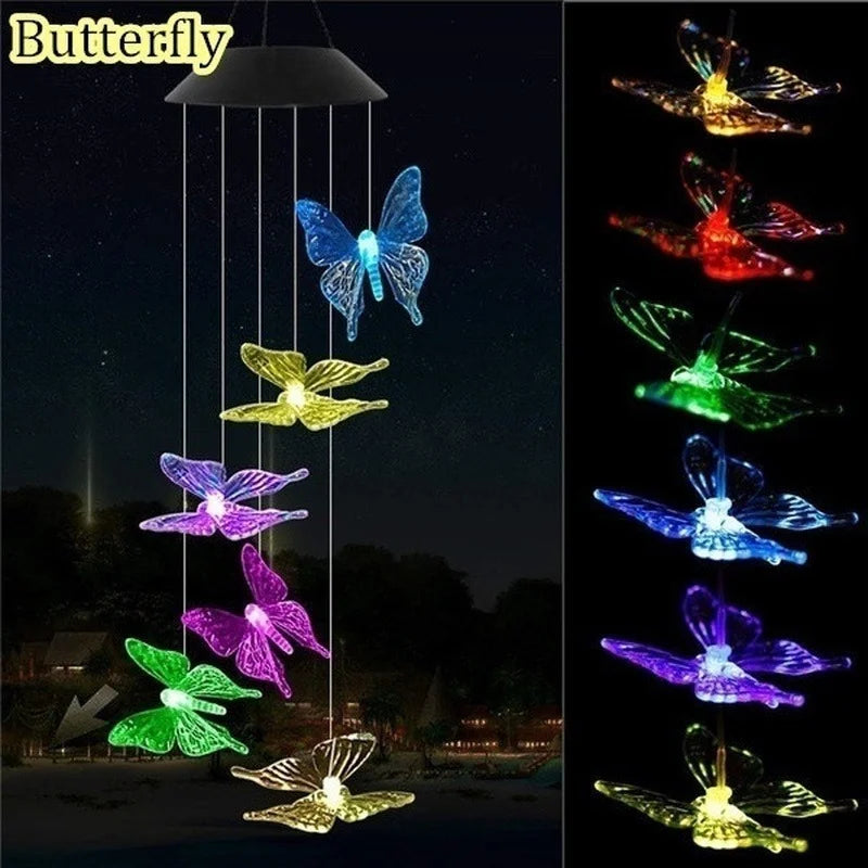 LED Solar Wind Chime Crystal Ball Hummingbird Wind Chime Light Color Changing Waterproof Hanging Solar Light for Home Garden