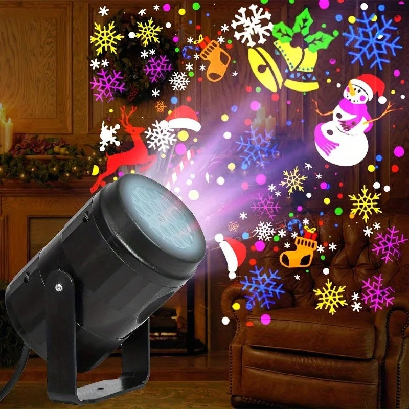 Christmas LED Projector Light USB-Powered RGB Holiday Party Ambient Light with Snowflakes Santa Hats for Home or Stores