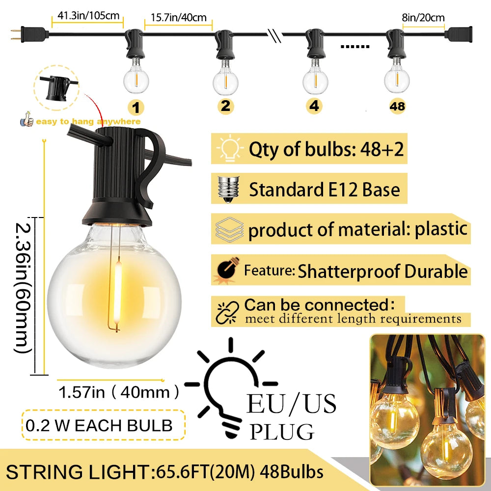 LED G40 Ball String Lightings Plastic Shatterproof Bulbs Waterproof Connected Garland Fir Patio Lights for Party Light Camping