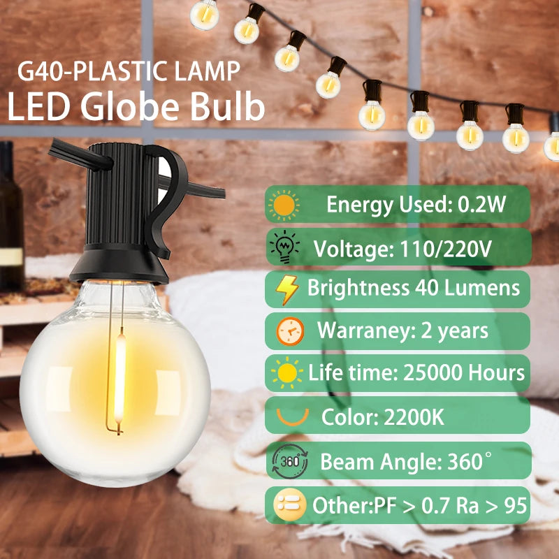 LED G40 Ball String Lightings Plastic Shatterproof Bulbs Waterproof Connected Garland Fir Patio Lights for Party Light Camping