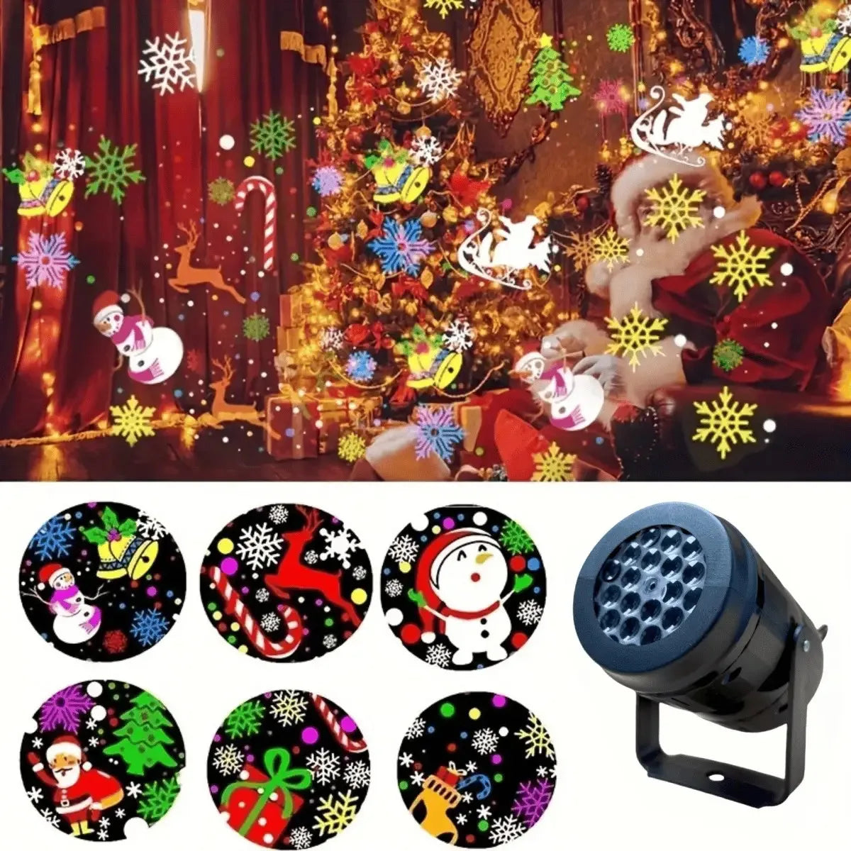 Christmas LED Projector Light USB-Powered RGB Holiday Party Ambient Light with Snowflakes Santa Hats for Home or Stores