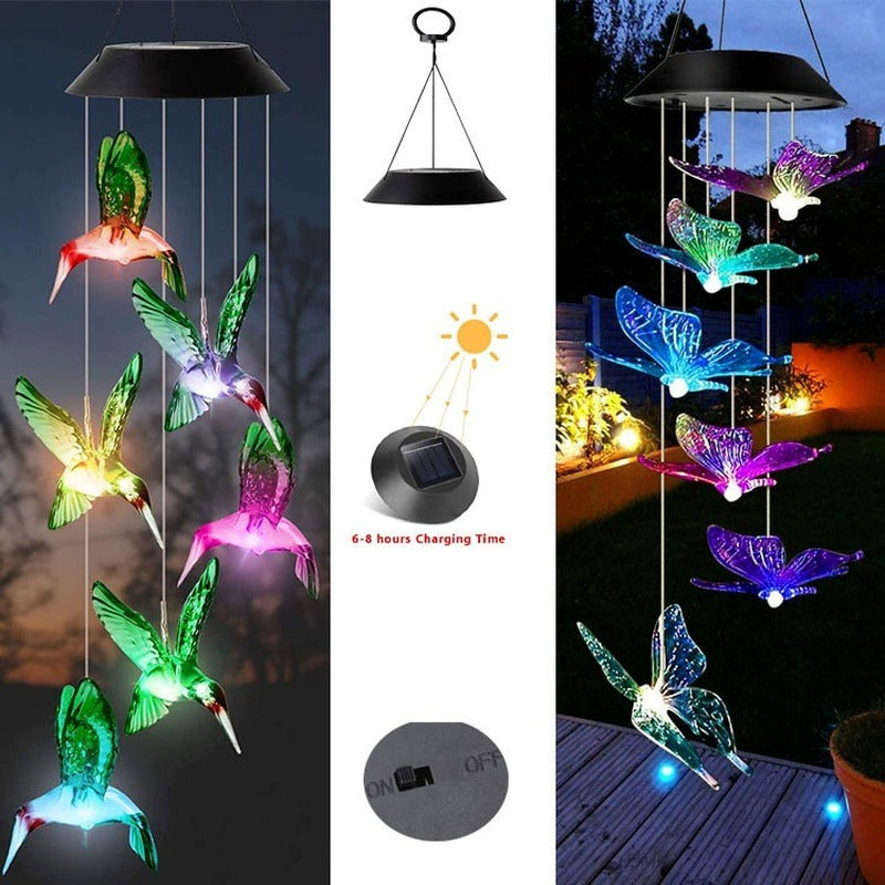 LED Solar Wind Chime Crystal Ball Hummingbird Wind Chime Light Color Changing Waterproof Hanging Solar Light for Home Garden