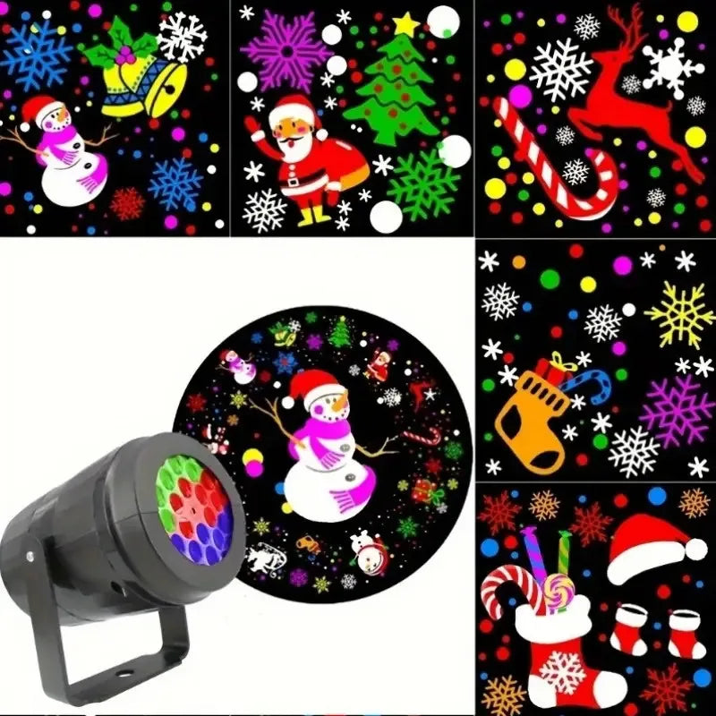 Christmas LED Projector Light USB-Powered RGB Holiday Party Ambient Light with Snowflakes Santa Hats for Home or Stores